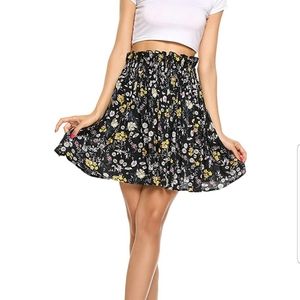 High Smocking Waisted Pleated Floral Skater Skirt